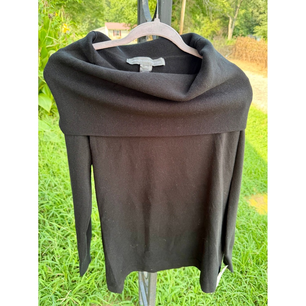 French Connection Womens Black Off Shoulder Cowl Neck Ribbed Knit Sweater NWT M